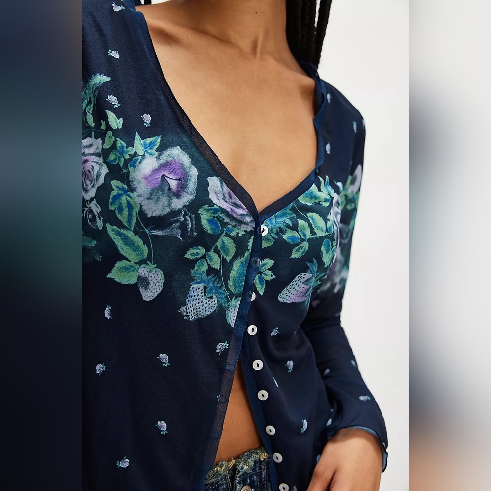 Free People Home Grown Mesh Cardi In Blue Combo Size New Without Tags - Picture 3 of 9